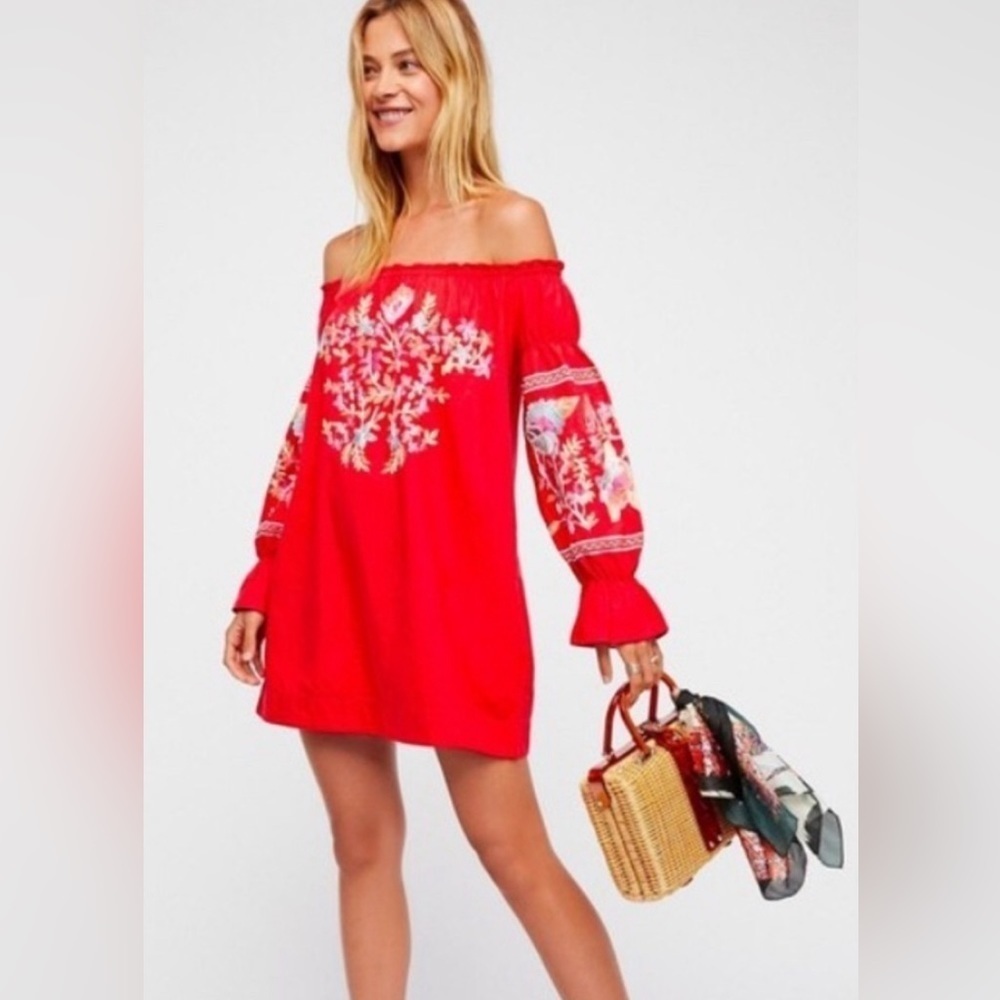 Free People oversized red embroidered cold shoulder mini dress women’s size XS
